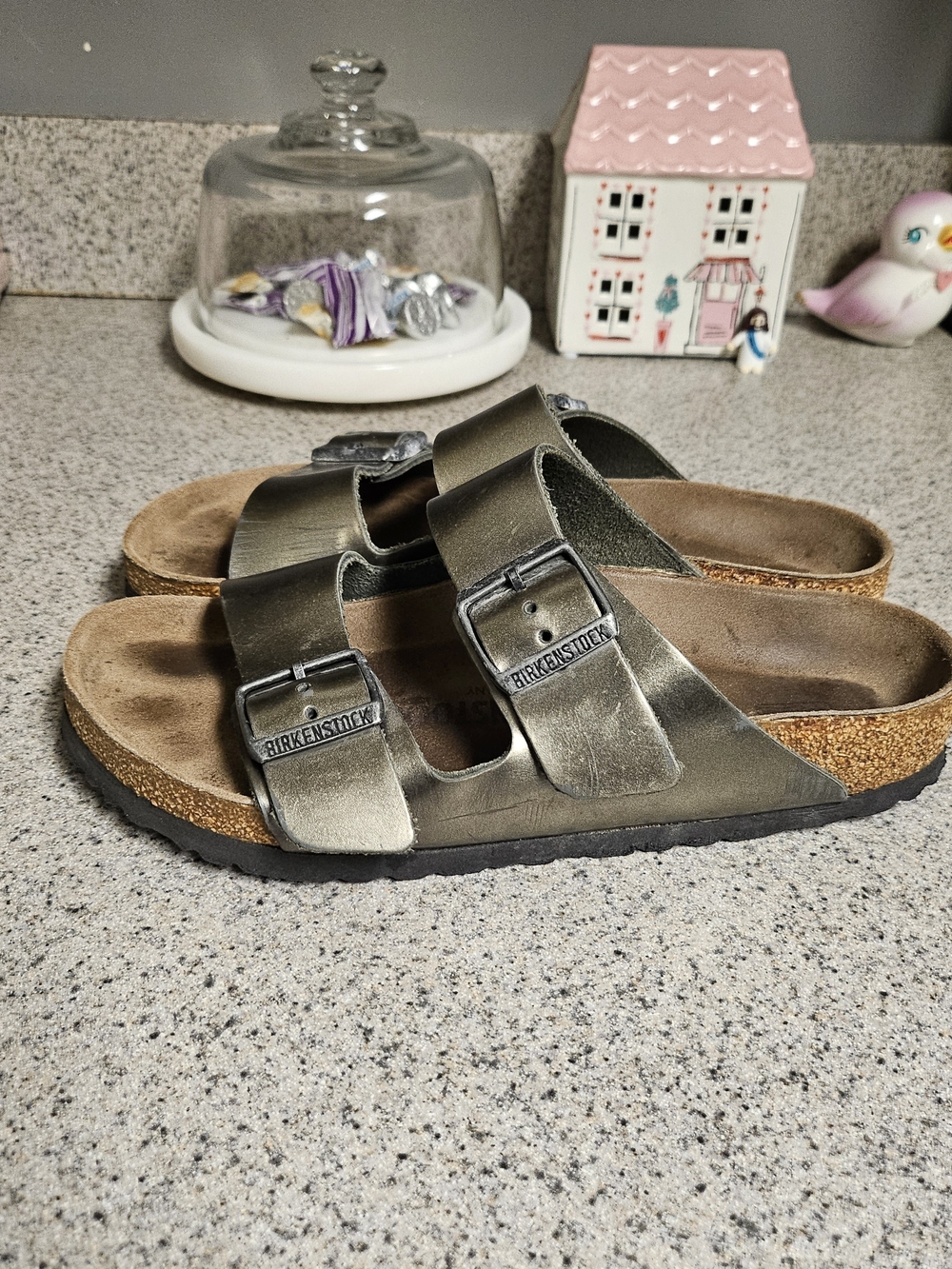 Birkenstock  Two-Strap Sandals in Metallic Olive